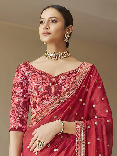 Precious Red Dori Work Organza Wedding Wear Saree With Blouse